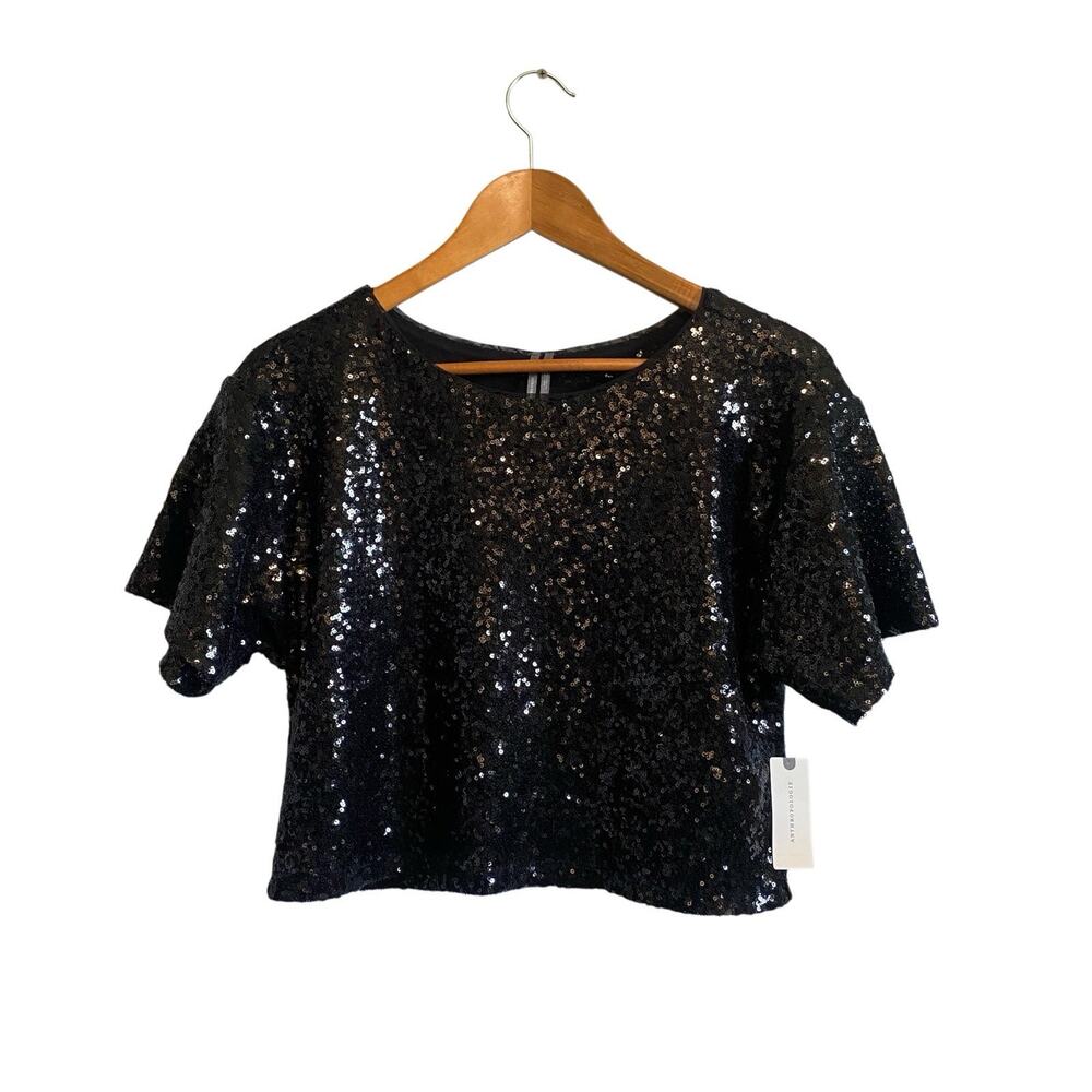Anthropologie Sequin Embellished Short Sleeve Black Noir Crop Top XS NWT - Picture 3 of 7